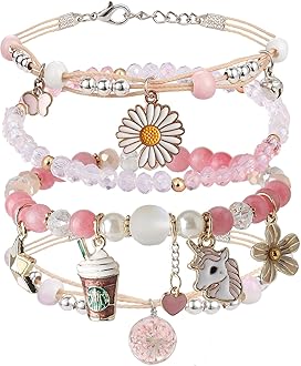4PCS Beaded Charm Bracelets for Teen Girls Dainty cute cartoon Crystal Beads Pearl Bracelets anklets set for woman and girls Adjustable Stretch bracelet birthday Gift For Friends