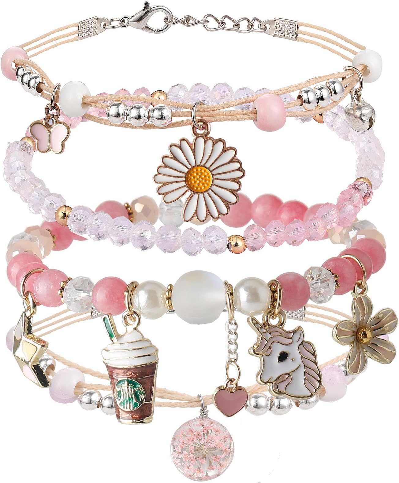 4PCS Beaded Charm Bracelets for Teen Girls Dainty cute cartoon Crystal Beads Pearl Bracelets anklets set for woman and girls Adjustable Stretch bracelet birthday Gift For Friends