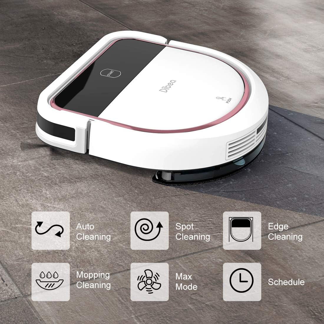 Dibea D500Pro Robotic Vacuum Cleaner displaying its various cleaning modes: Auto, Spot, Edge, Mopping, Max, and Schedule.