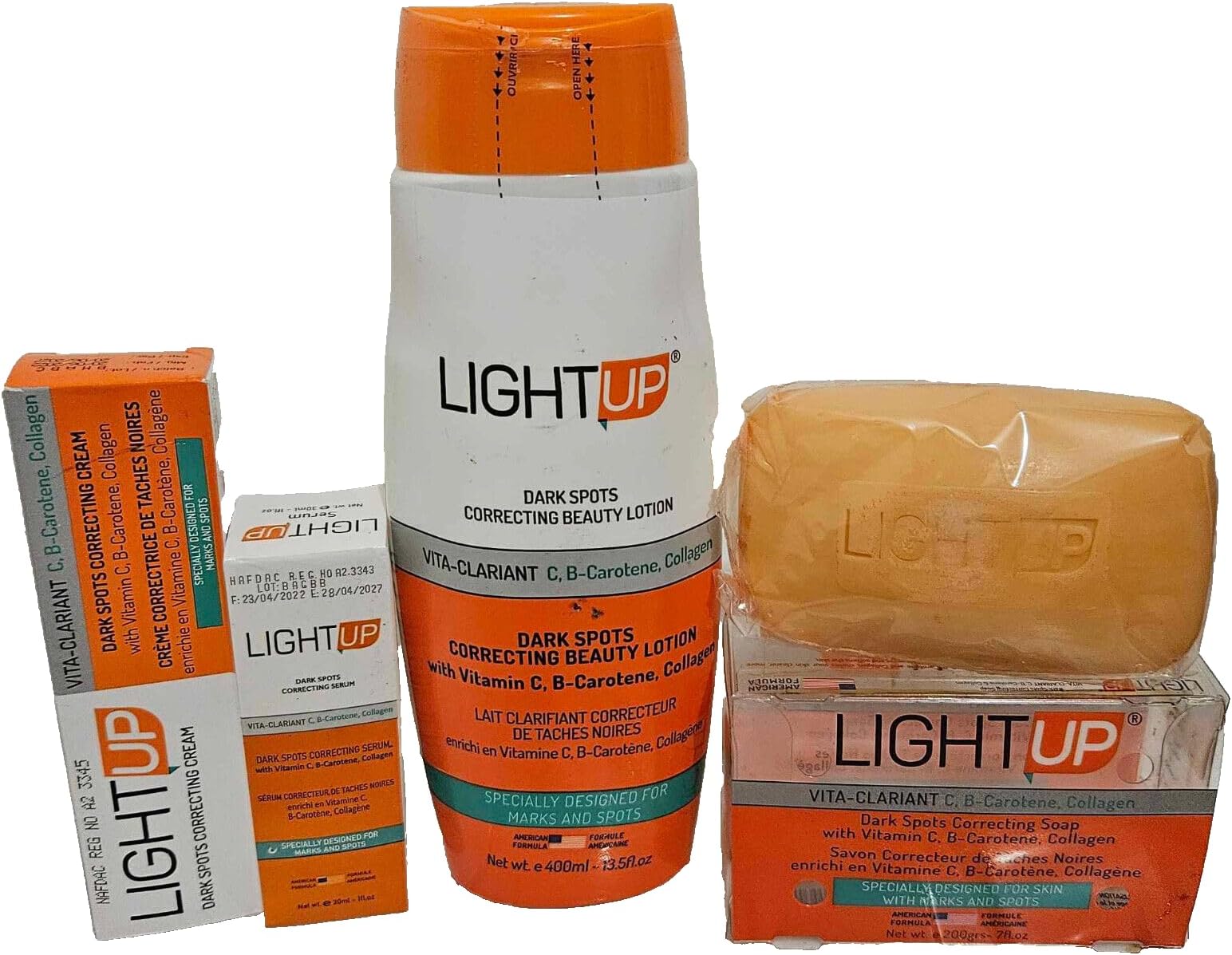 LIGHT UP Dark Spots Correcting Beauty Lotion w/Vitamin C, B 400ml + Serum + Soap + Tube Set