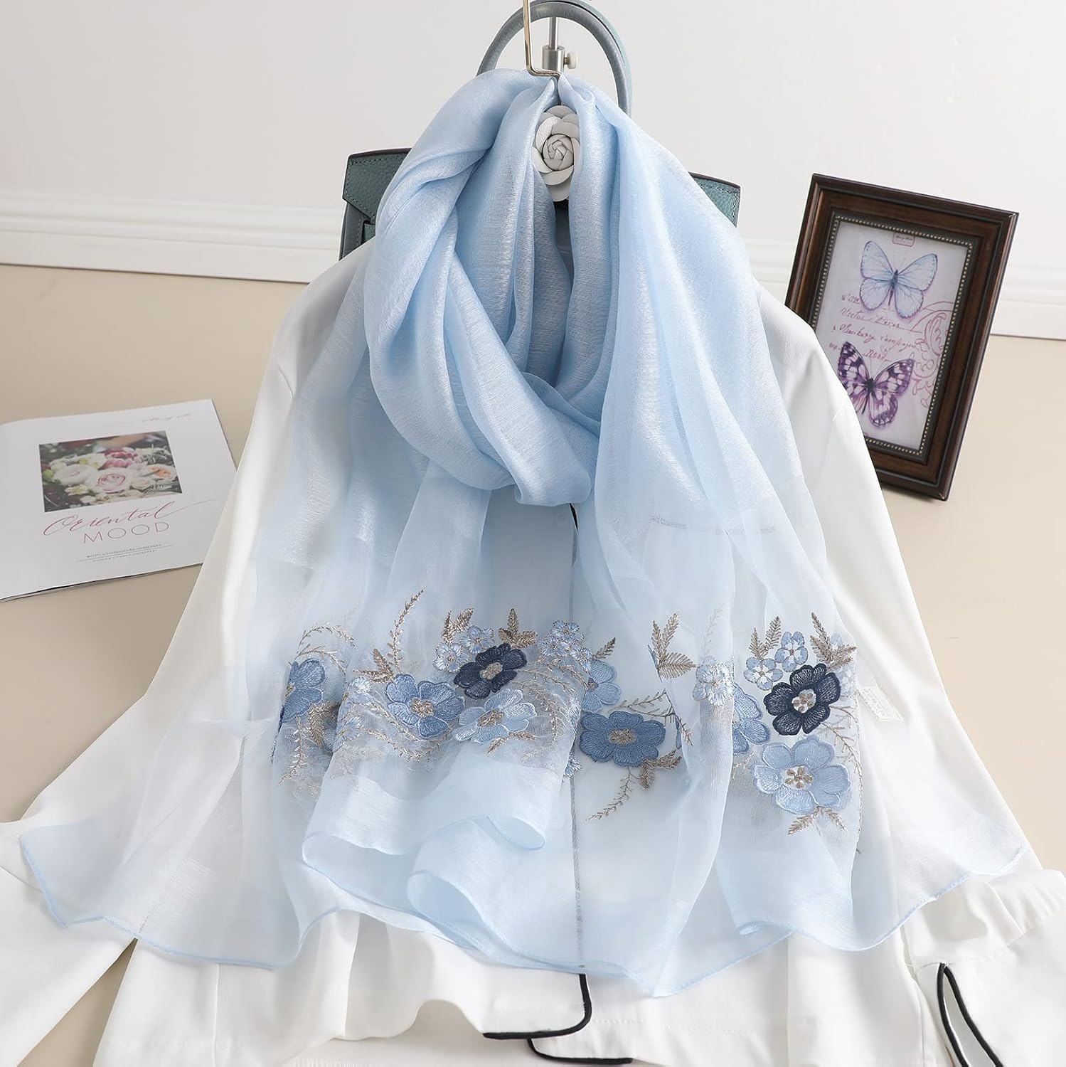 Jeelow Silk Blend Floral Fashion Scarf Shawl Wrap Lightweight Sheer For Women Floral Embroidery Wedding Party Prom