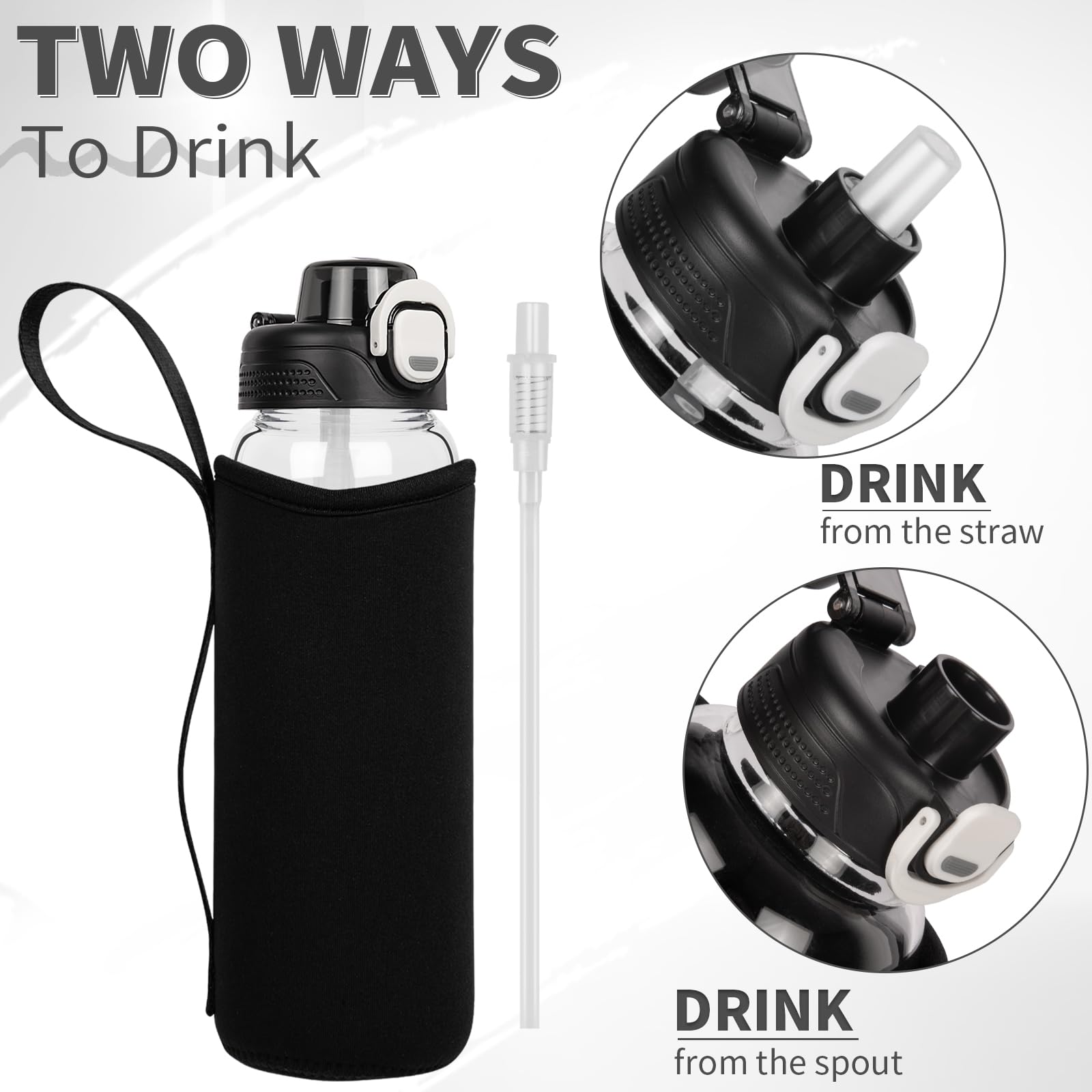 0,8 l Szklana butelka na wodę ze słomką, 800 ml Szczelna szklana butelka na wodę z neoprenowym etui ochronnym