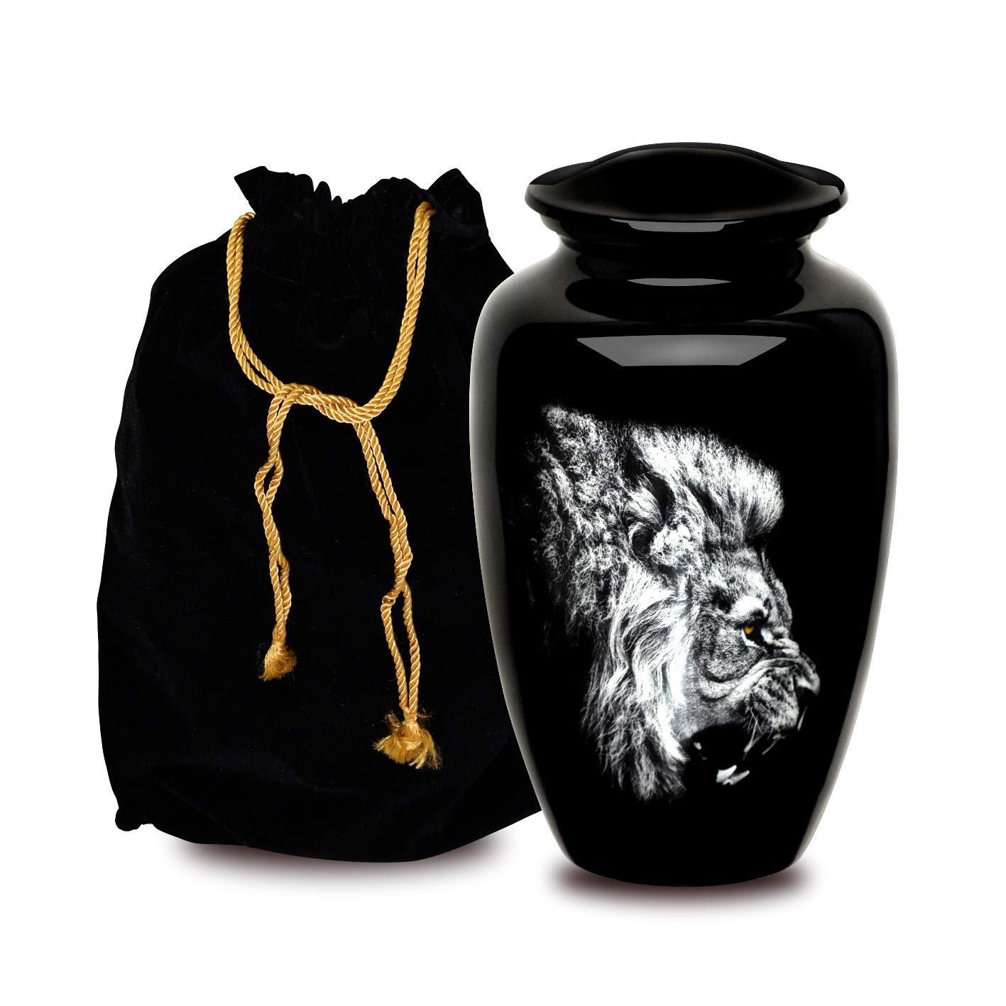 Forever URNS Adult Cremation Funeral Urn with Printed Lion Face Theme for Human Ashes of Female & Male | 200 cu in | Large | Black | Completely Handcrafted with Velvet Protection Bag