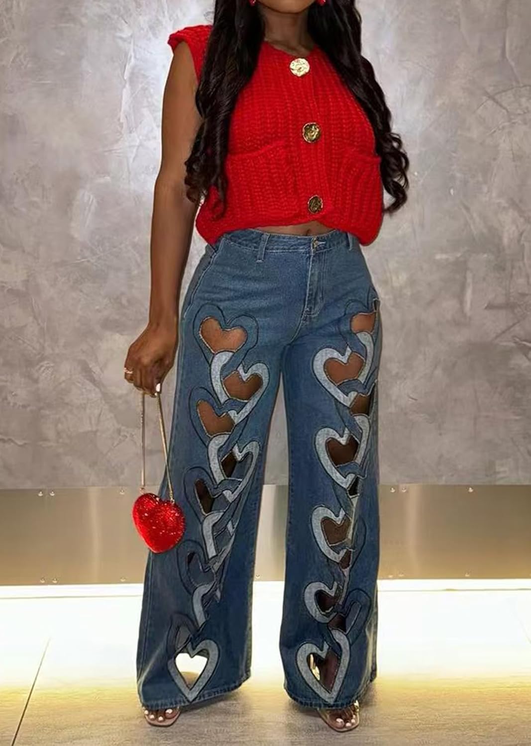 Famnbro Womens Ripped Jeans Heart Cutout Baggy Y2k High Waisted Straight Wide Leg Sexy Denim Pants - Image 4