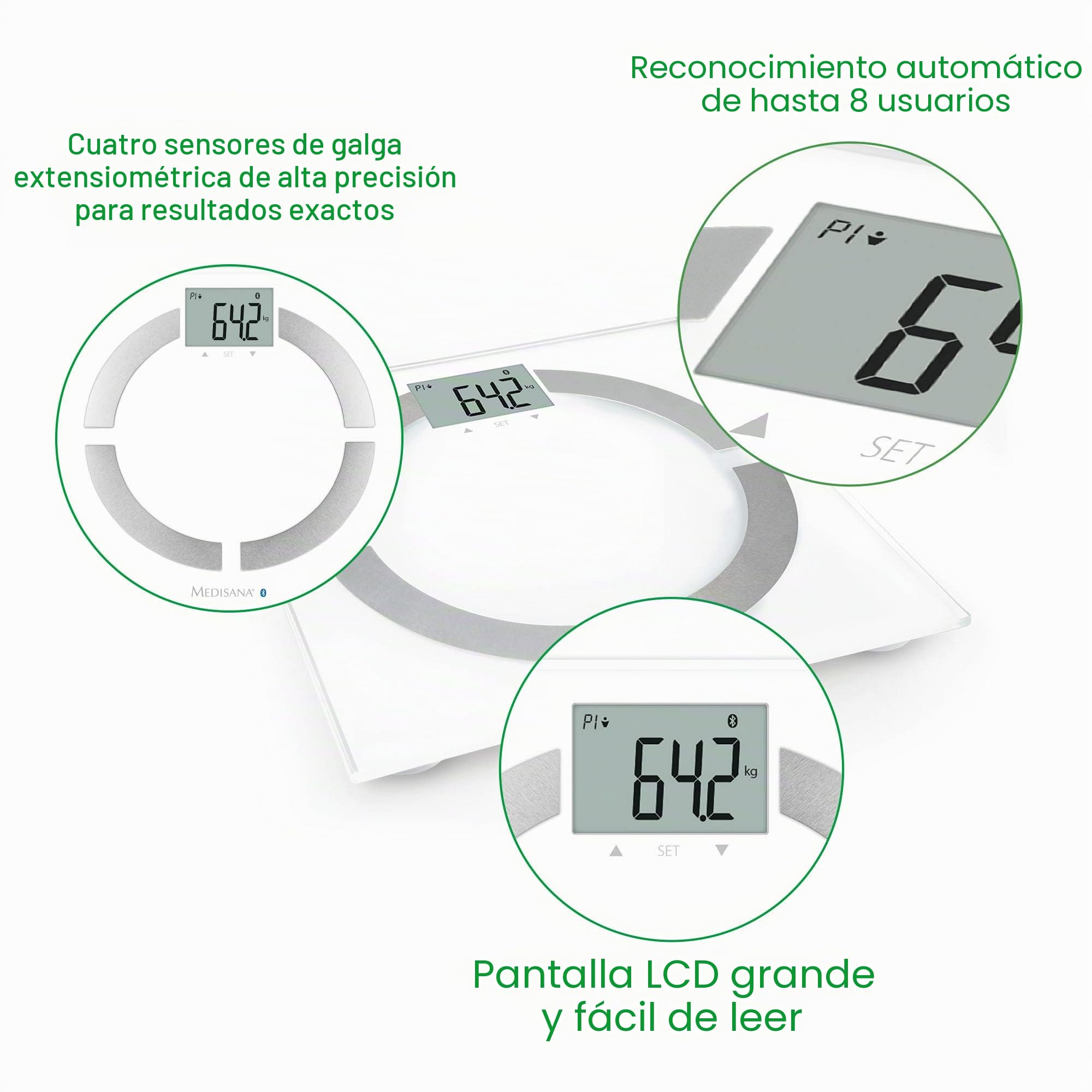 Medisana BS 444 Connect Báscula Analítica Digital de 180 kg, para Medir la Grasa Corporal, el Agua Corporal, la Masa Muscular, el Peso de los Huesos, con App