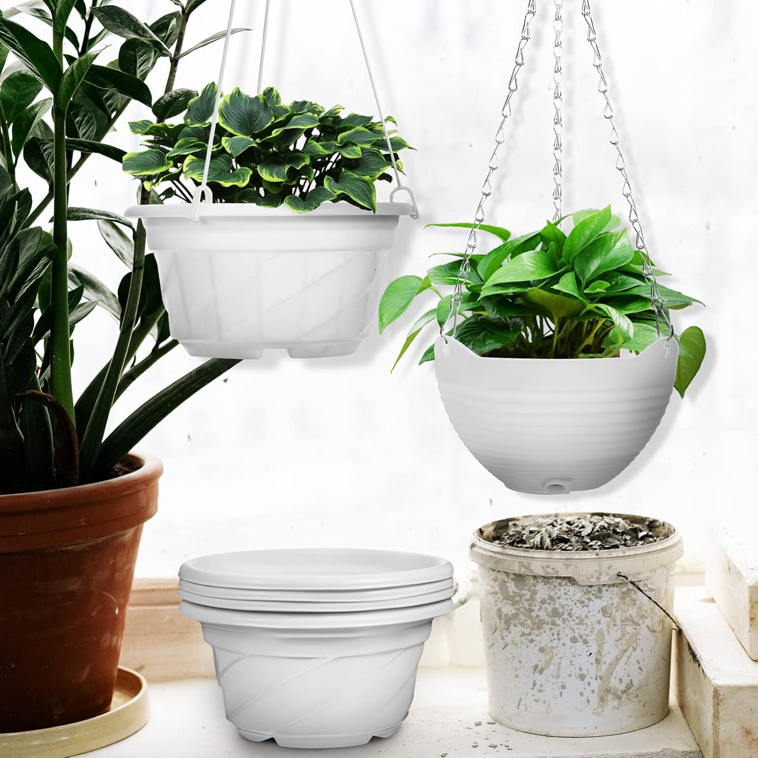 YARNOW 8 Pcs Hanging Planters Hanging Flower Pots Planter Pots with Hanging Chain (4 Pcs Plastic Style 6.7 Inch, 4 Pcs Metal Style 7.8 Inch)