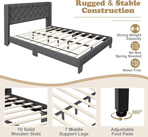 Miniatura 6 de Giantex Base de cama Queen con cabecera capitoné con botones, cama tapizada de tela moderna con diseño de respaldo de alas, base de colchón de