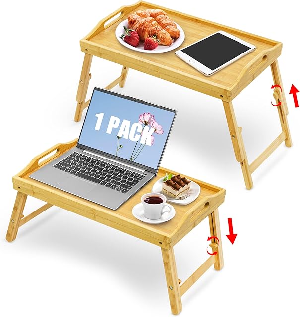 Large Breakfast Bed Tray for Eating - Height Adjustable Raised Food Table - Bamboo Serving Tray on Lap Sofa - Portable Snack Platter with Folding Legs Ideal for Bedroom Picnic - Natural