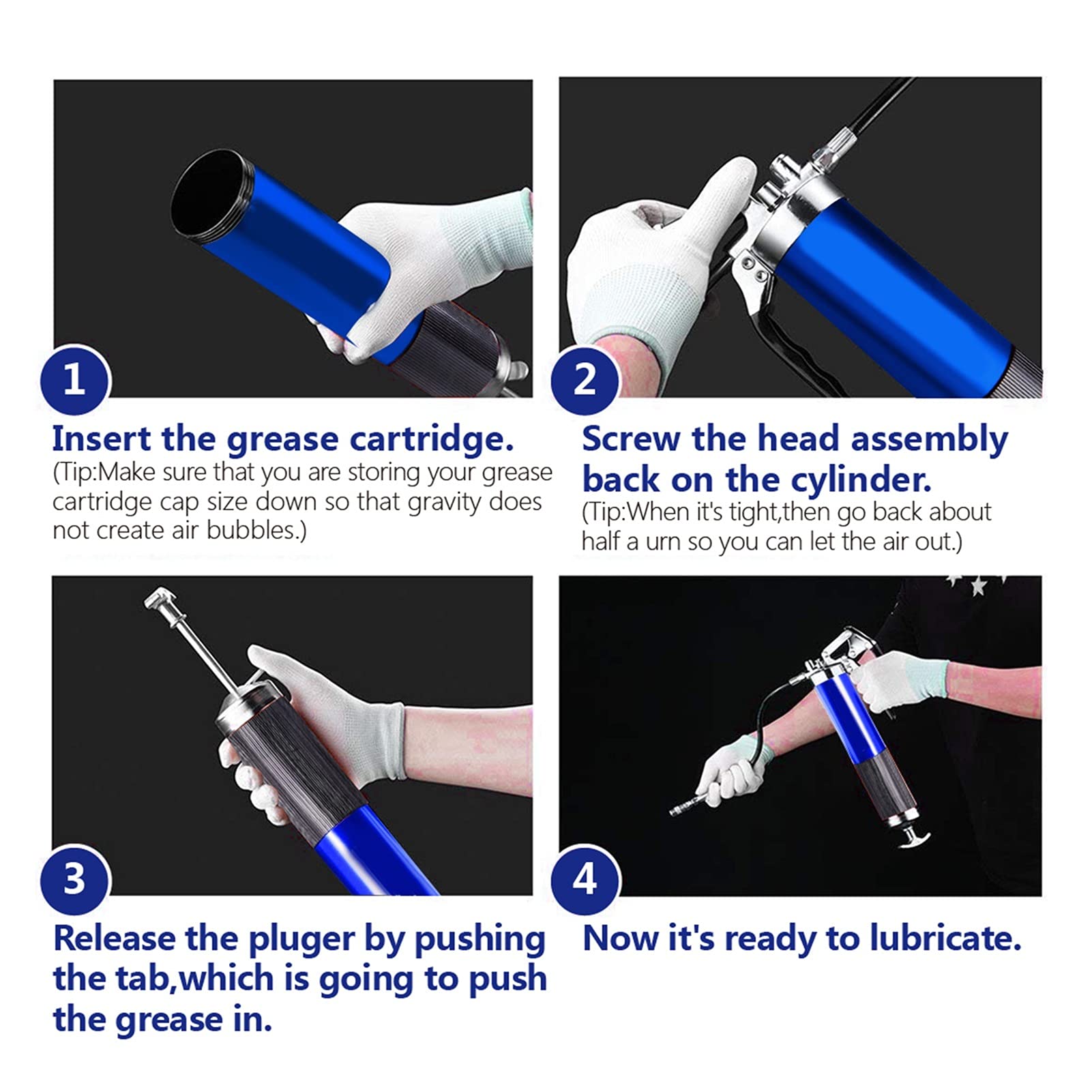 Pistola de engrase Máquina de Grasa con una Sola Mano de 400cc, Mango de Cartucho con Cartucho de Grasa Multifuncional Presión máxima 6000 PSI Fácil Almacenamiento y Transporte.