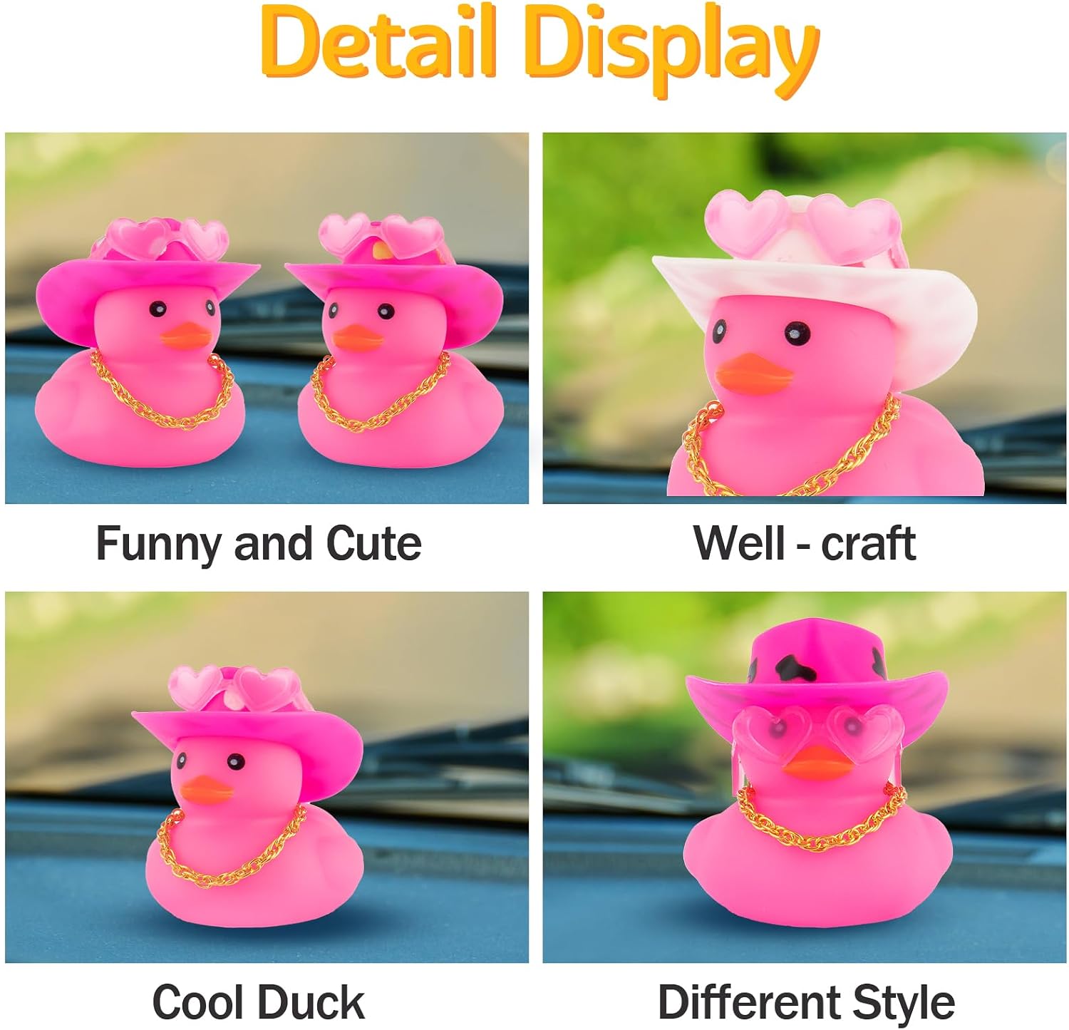 wonuu Car Cowboy Rubber Ducks, Dashboard Decorations Pink Duck for Car Ornament Accessories with Hat Heart Glasses Chain, White
