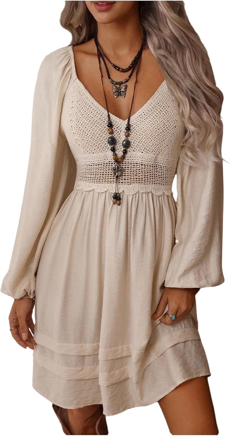 GORGLITTER Women’s Crochet Hollow Out V Neck Dress Puff Long Sleeve A Line Flowy Boho Short Dresses GORGLITTER Women’s Crochet Hollow Out V Neck Dress Puff Long Sleeve A Line Flowy Boho Short Dresses
