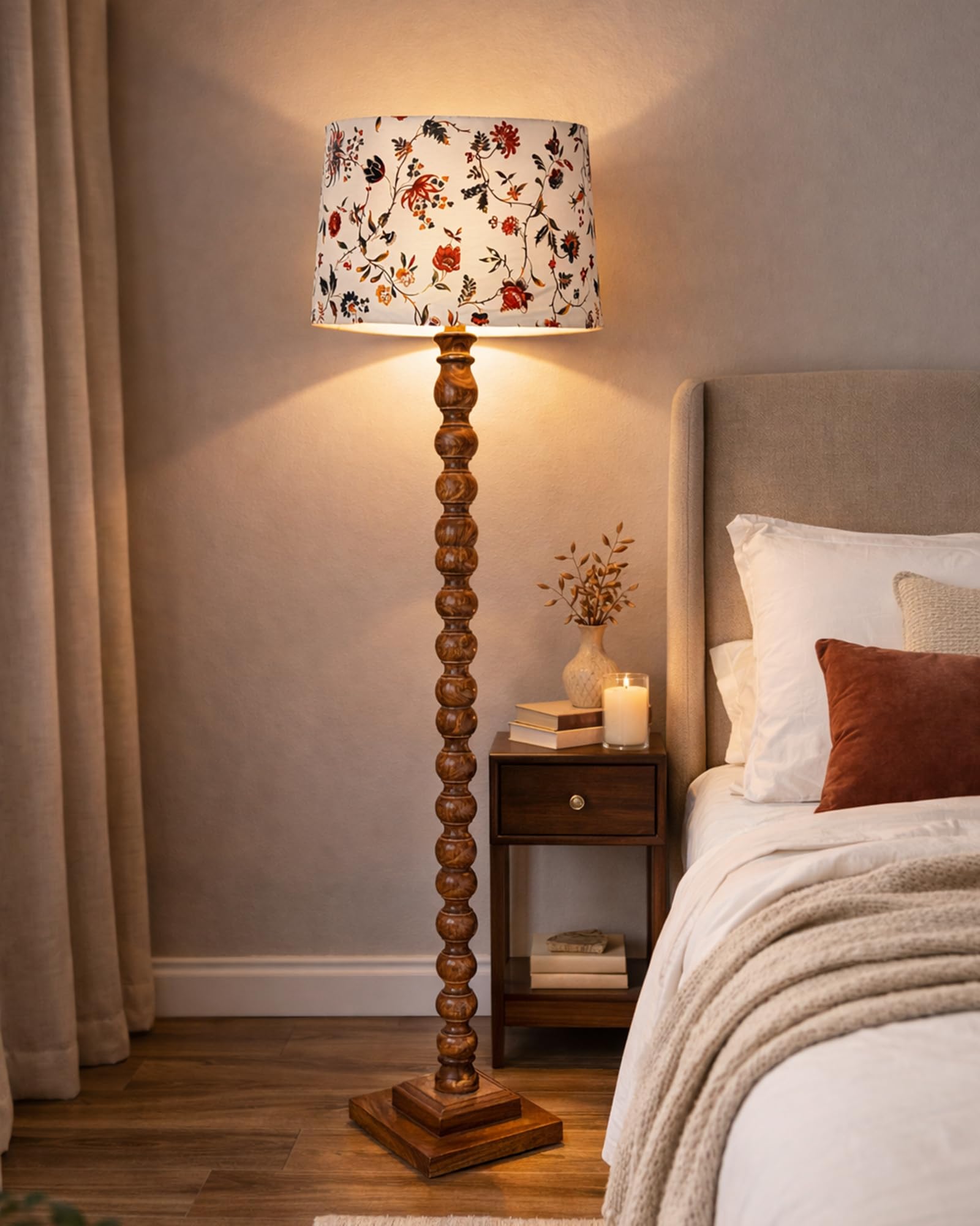 Rustic Wood Floor Lamp in Walnut Brown with Multicolor Fabric Lamp Shade | Light Decoration Home Corner | Living Room Bedroom Bedside Floor Lamp, Antique Floor Light, Sweetie Round, Vine and Flowers-image-24
