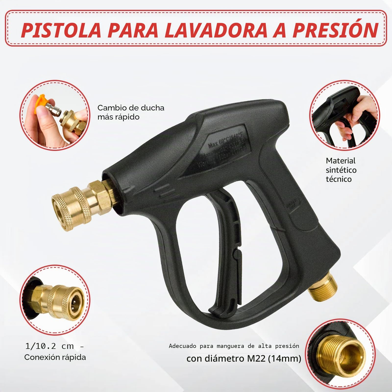 Pistola para hidrolavadora de 3000 PSI con cañón de Espuma con 5 boquillas