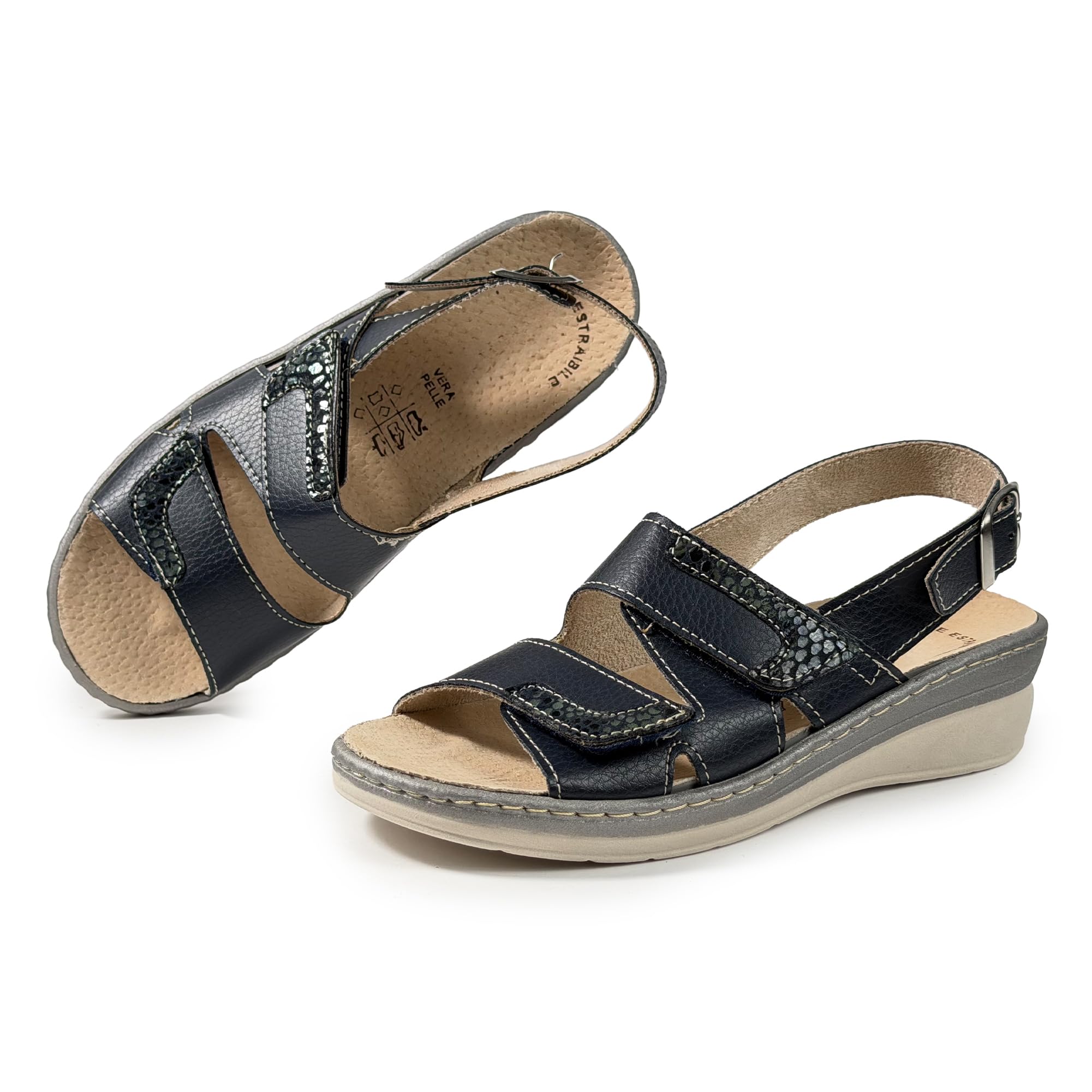 JOMIX Sandalias Mujer Cómodas con Cierre Ajustable Sandalias Ortopédicas Mujer Plantilla Extraíble de Piel Cuña Baja Antideslizante para Pies Anchos Verano Caminar