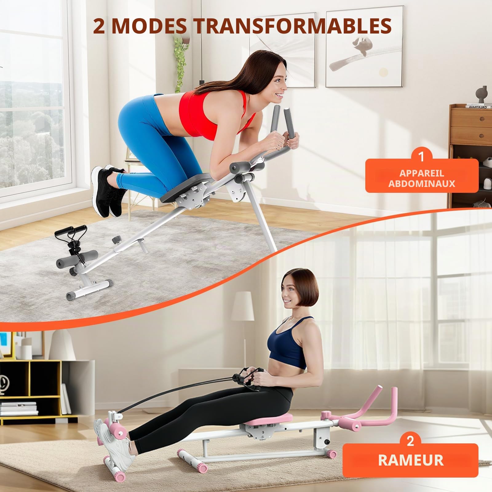 Rameur pour la maison, équipement d'exercice 4 en 1, rameur de fitness pliable, machine de presse de jambes/machine abdominale/chaise romaine, équipement d'intérieur pour salle de sport à domicile