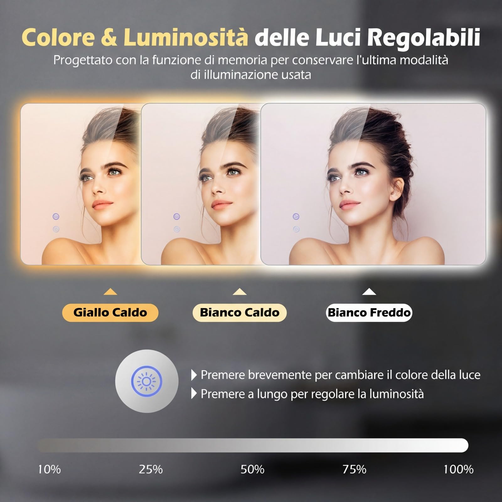 COSTWAY Specchio da Bagno Rettangolare con LED, Specchio da Parete con Luminosità Regolabile, Retroilluminato, Touch Intelligente, Vetro Temperato con Memoria e Anti-Appannamento (70 x 50 x 2,8 cm)