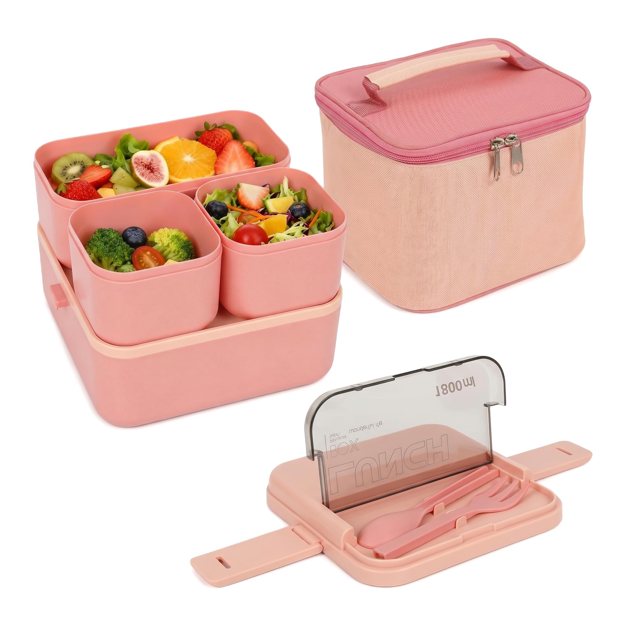 Lunch Box, 1800ML Bento Lunch Box with Insulated Bag & Cutlery(Pink)