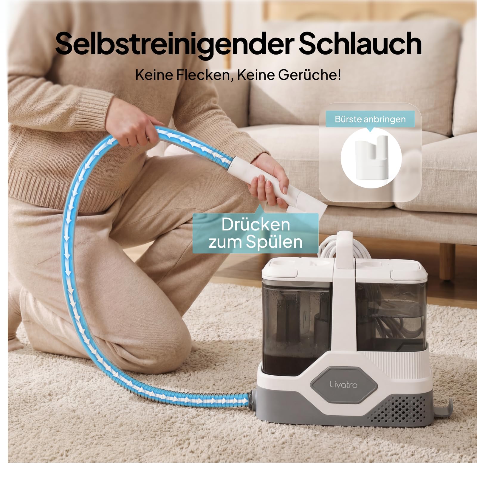Livatro Polsterreiniger Gerät [600W Profi-Motor] Tragbarer Teppichreiniger Waschsauger 16KPa, Abnehmbarer 2,3L Tanks, Selbstreinigung, Nasssauger für Auto, Sofa, Matratze & Haustier - Schnelltrocknung