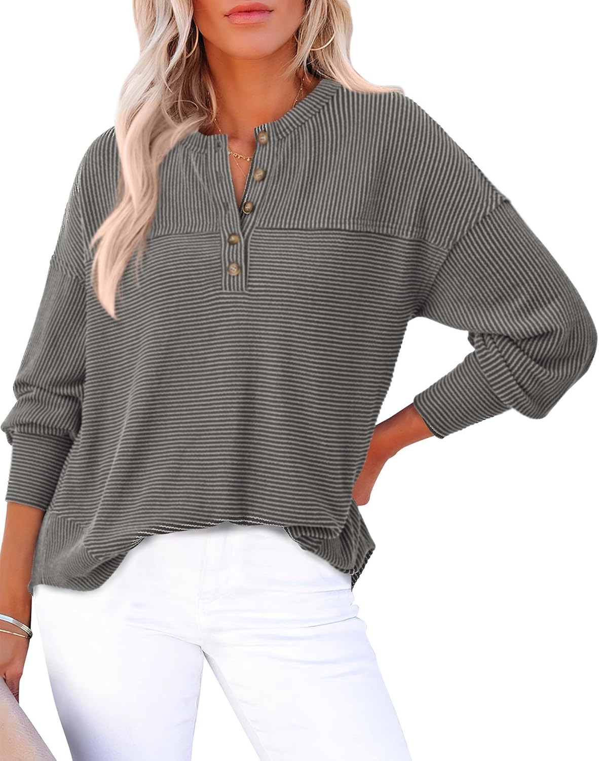 KIRUNDO Going Out Tops for Women Henley Shirts 2025 Casual Ribbed Knit Long Sleeve Tunic Summer Fall Button V Neck Blouse
