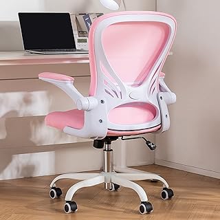 Hramk Office/ Computer Chair Mid Back Swivel Desk Chair with Flip-up Arms, Breathable Mesh, Lumbar Support Task Chair with Wheels, Height Adjustable (Pink)