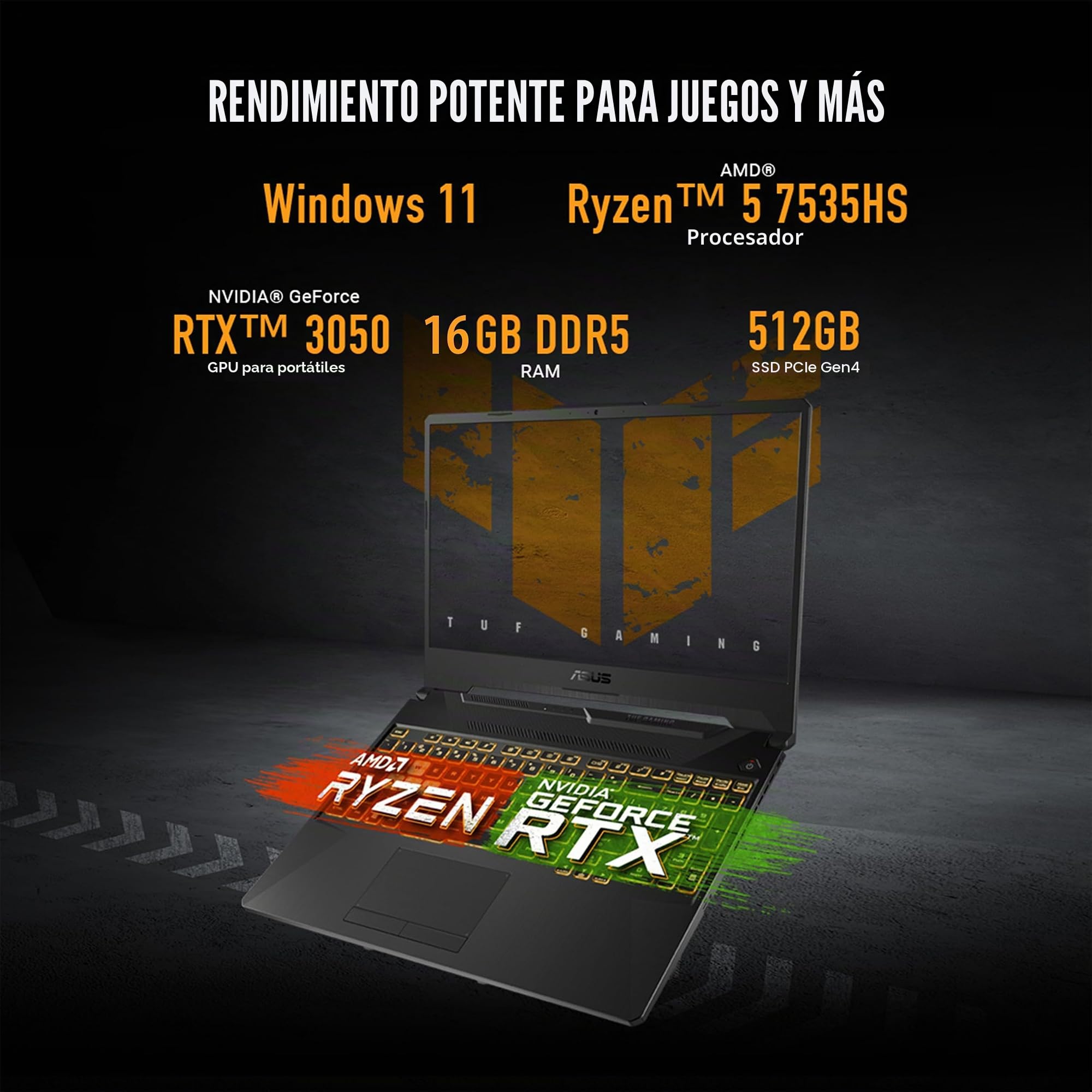ASUS TUF Gaming A15 Ordenador portátil de juegos, Pantalla FHD de 15,6 pulgadas 16:9 144 Hz, Procesador AMD Ryzen 5 7535HS, Tarjeta gráfica NVIDIA GeForce RTX 3050, 16 GB DDR5, 512 GB SSD PCIe Gen 4.0