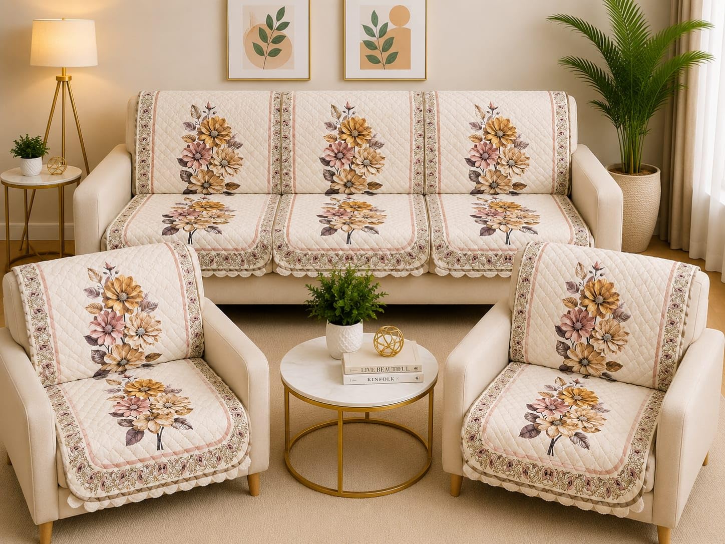 Quilted Floral Sofa Cover Set 5 Seater for Living Room - 3 Seater & 1+1 Seater Sofa Slip Covers for Home - Premium Furniture Protector Panels for Sofa, 10 Pieces-image-45