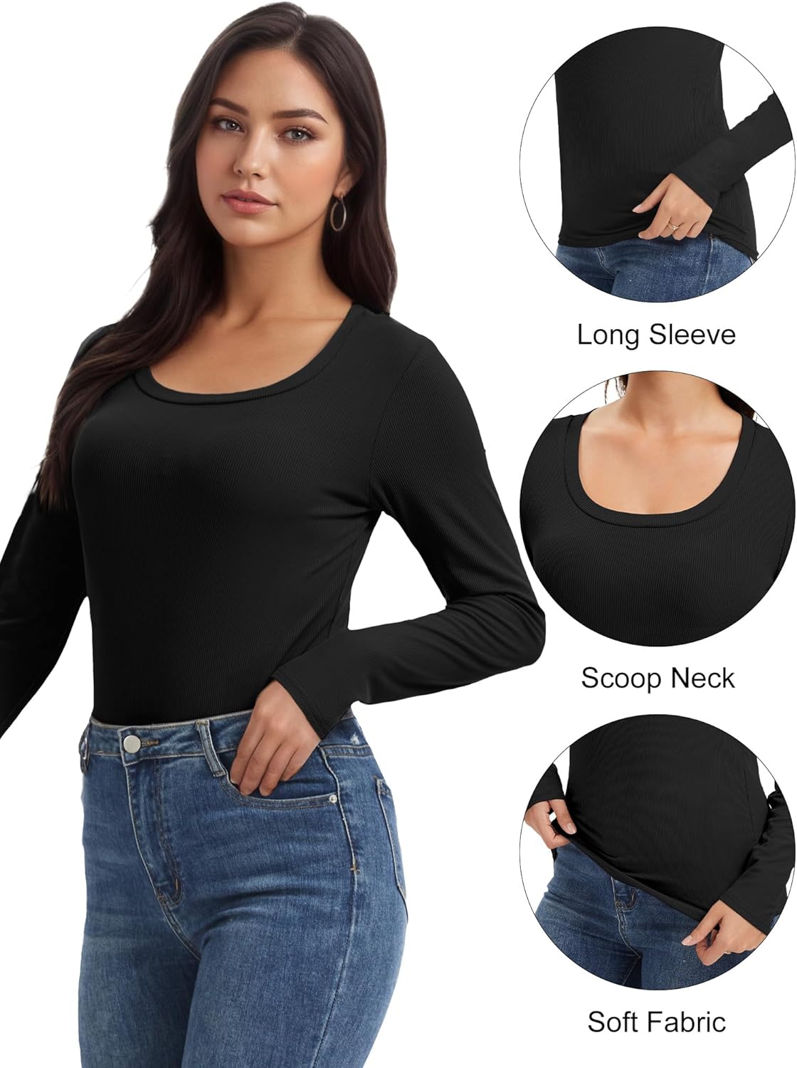 1 Pack Womens Long Sleeve Scoop Neck Ribbed Shirts, U Neck Stretch Casual Basic Tops Underscrubs Layer Clothes - Image 3