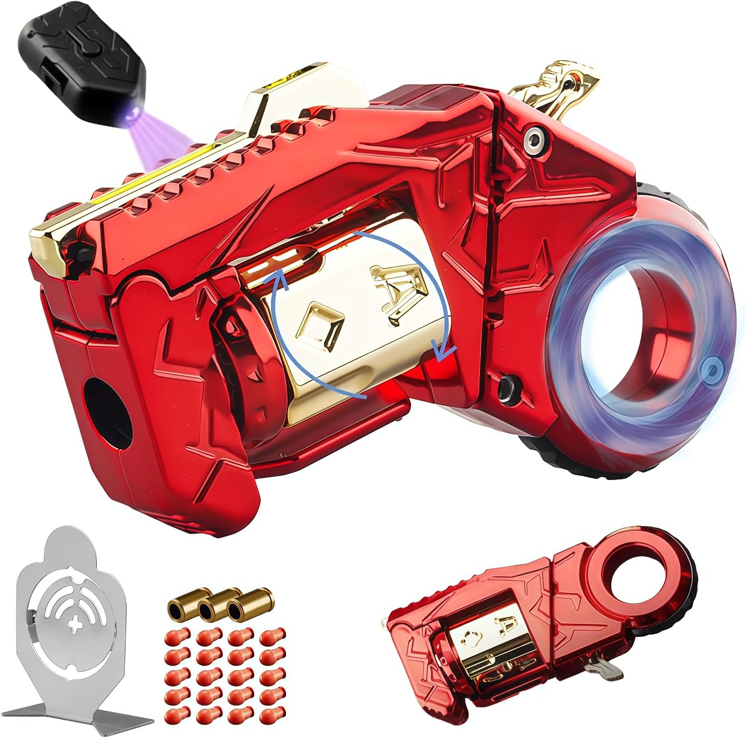 Metal Stress Relief Fidget Toy, Mini Decompression Toy with Dual-Form Transformation, EDC Anxiety Relief Toy, Includes 3 Shells, 20 Non-Marking Bullets & Steel Target (Red)