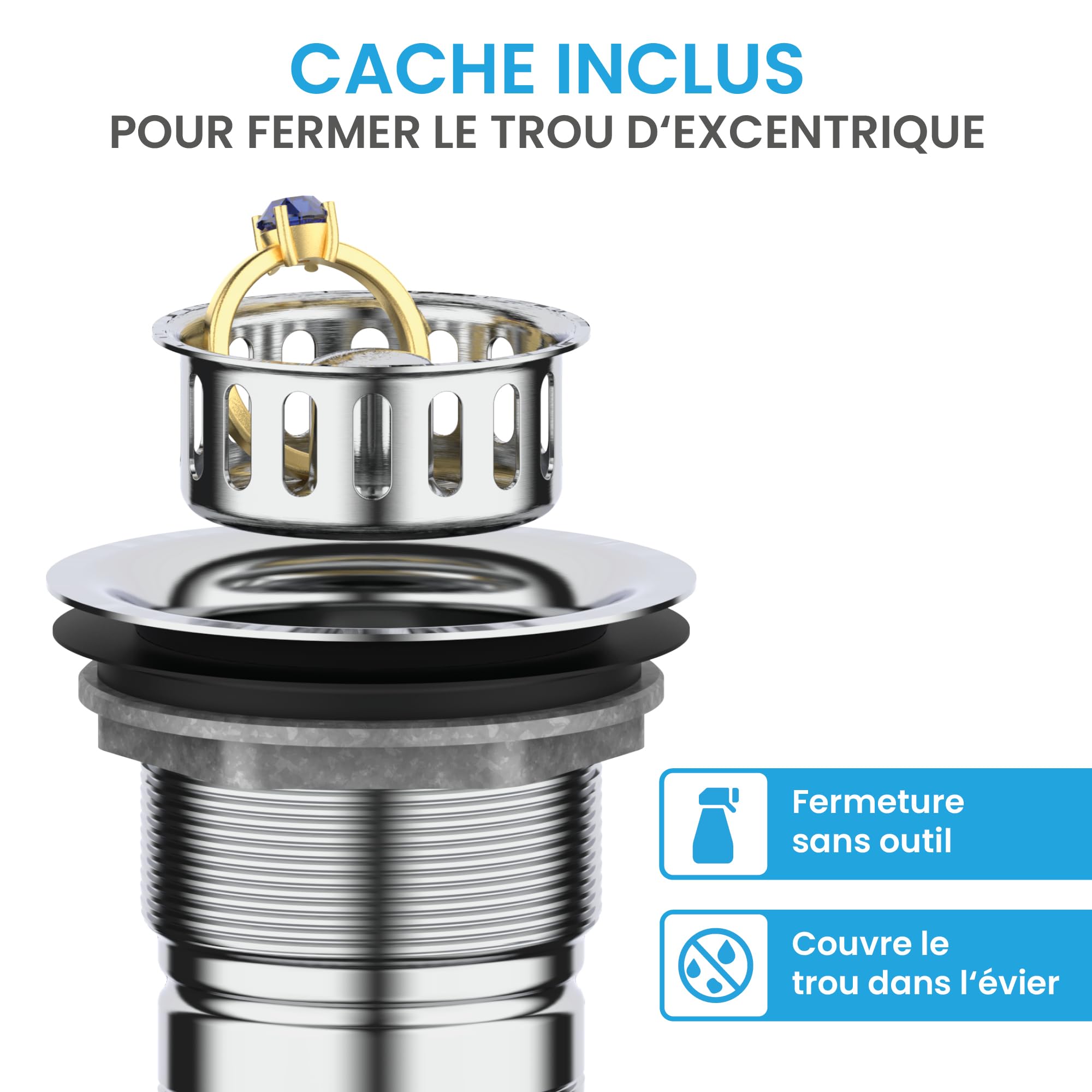 Bächlein Bonde de vidange Pop Up sans trop-Plein pour l'évier [Ø 70 mm], Pop Up pour la Cuisine, vidage d'évier en Acier Inoxydable Poli, bonde de trop-Plein, Valve de vidange, Bouchon de vidange