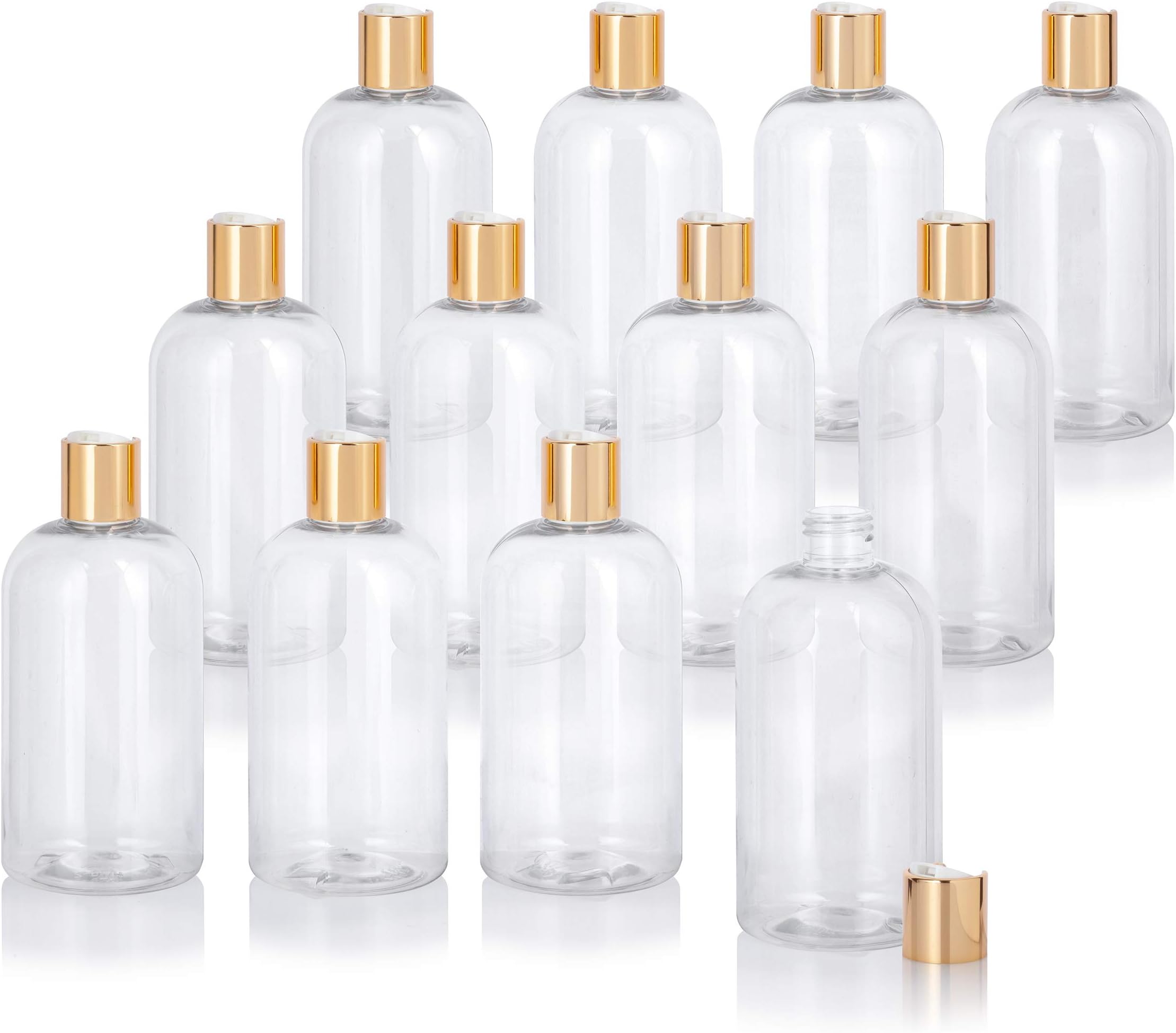 JUVITUS 12 oz Clear Plastic PET Squat Boston Round Bottle Gold Disc Cap (12 pack)