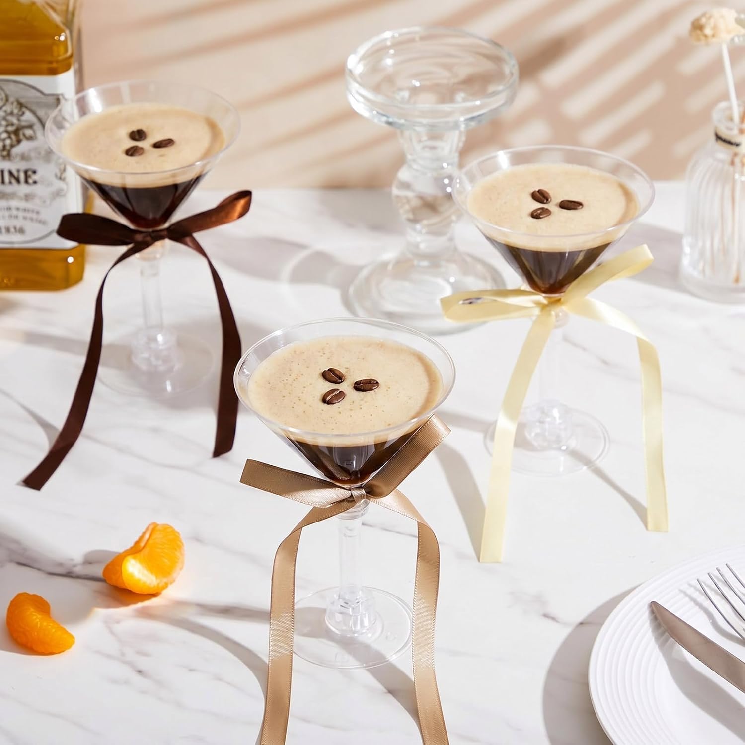 Maxdot 30 Set A Tini Bit Older Birthday Party Supplies 5 oz Espresso Martini Glasses Plastic Mini Champagne Tower with Bow for Espresso Martini Graduation Party Cherry Decoration(Coffee, Khaki, Beige)