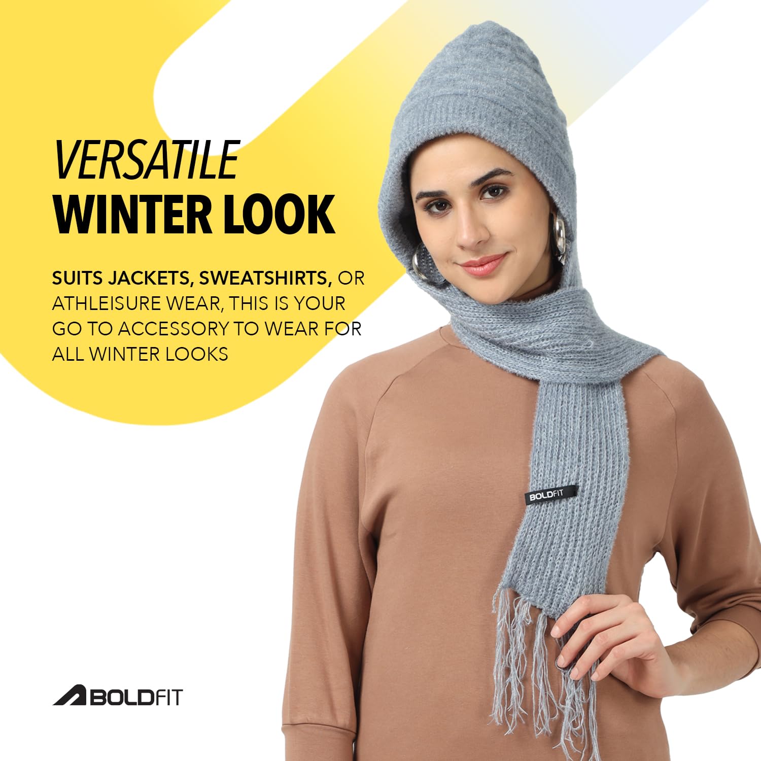 25AW NKNIT wool KNIT muffler cap グレー Boldfit Winter Cap for Women Woolen with Mufflers Ladies Knitted