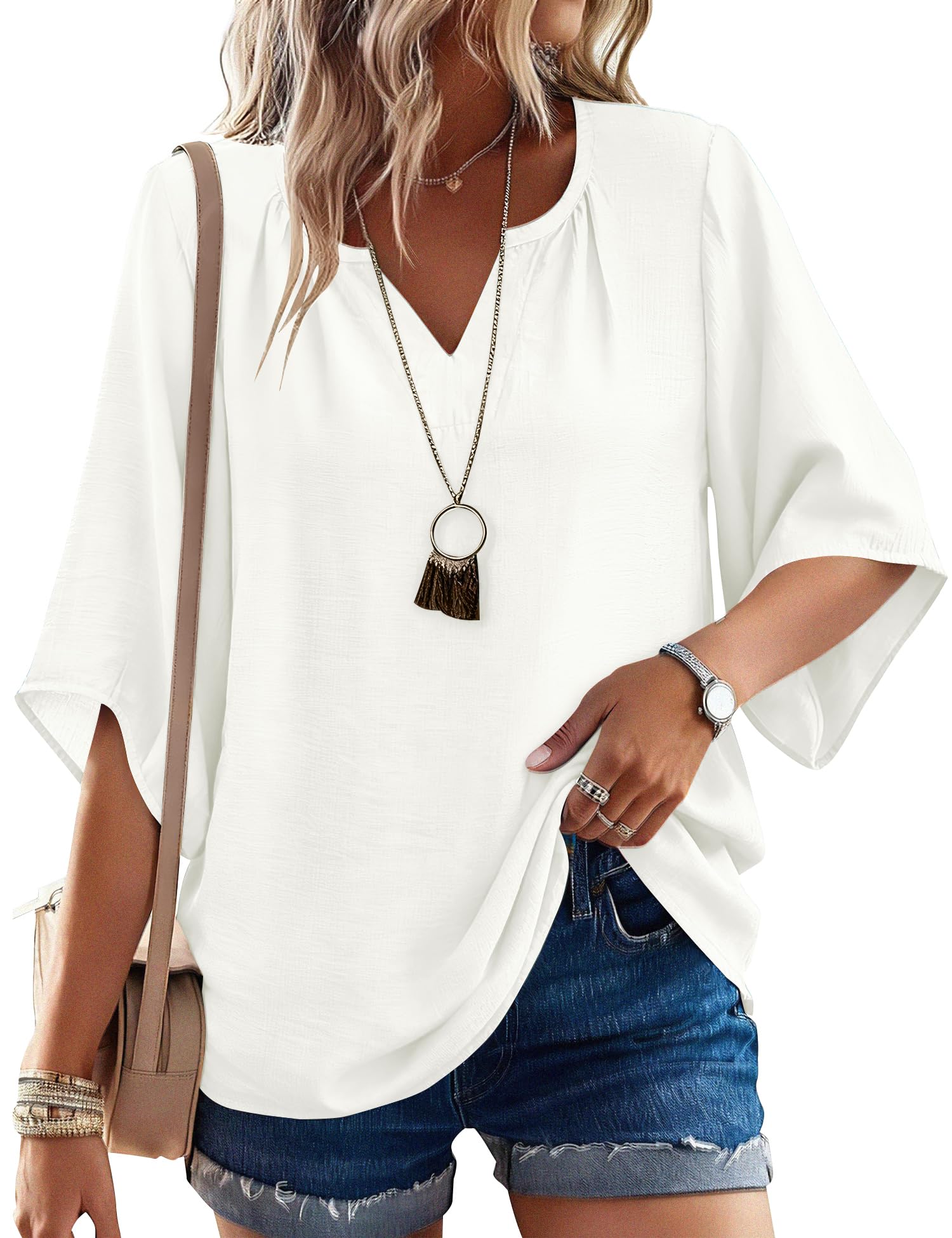 iWoo Bluse Damen 3/4 Arm Boho Tops Elegante V-Ausschnitt Locker Tunika Shirts Casual Oberteil Sommer Blusen