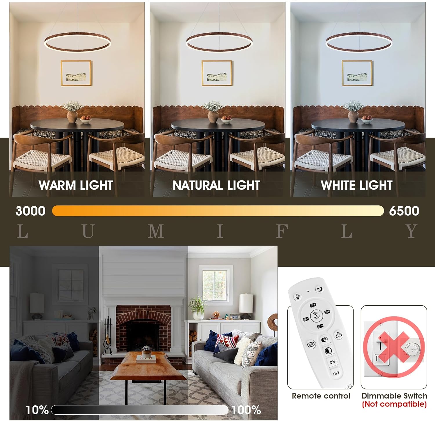 LED Ring Chandelier 24 Inches Round Chandelier Wood Grain Finish Dimmable LED Pendant Light Dining Room Light Fixture Circular Hanging Light for Entryway Foyer Office