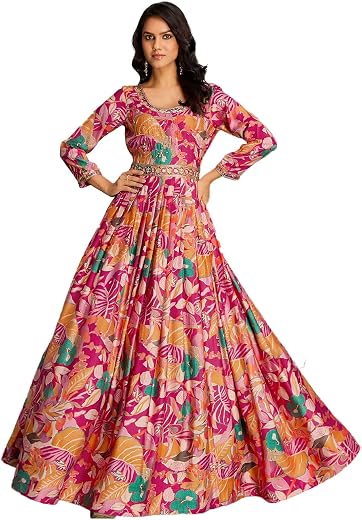 madhuram textiles Women's vetican Print with Hand Embroidery Work Anarkali Long Gown(M-2544)