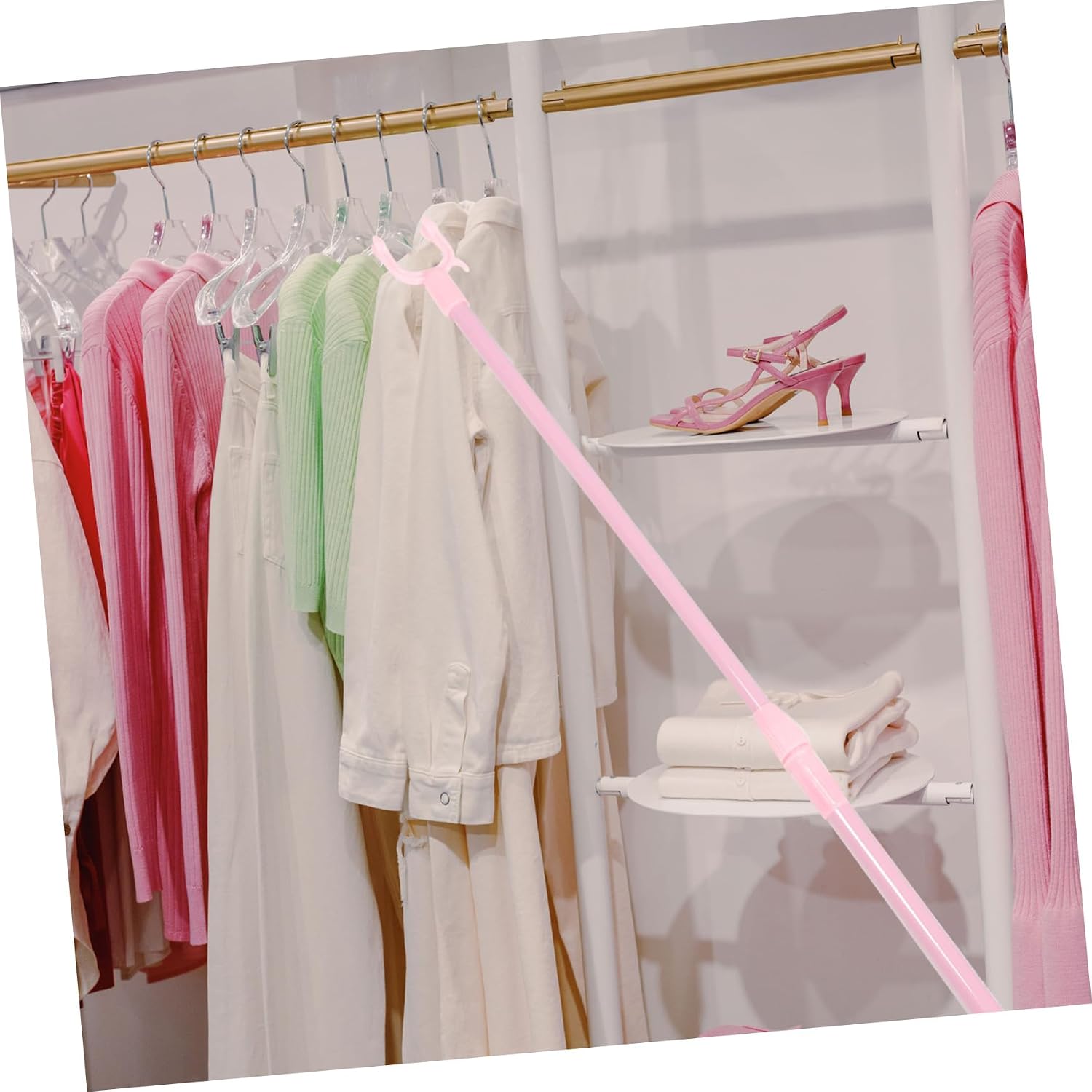 Clothesline Pole Adjustable Clothes Rod Telescoping Reach Stick Pink Rods for Closet Easy Laundry Aid