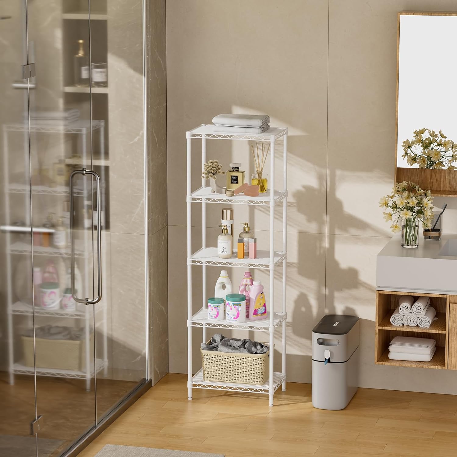 SINGAYE 5 Shelves Storage Shelf Wire Closet Bathroom Organizers Metal Pantry Kitchen Small Garage Shelving Unit Laundry Room Organization Home Corner Rack Estantes para Cocina White 10" Dx16 Wx55”H