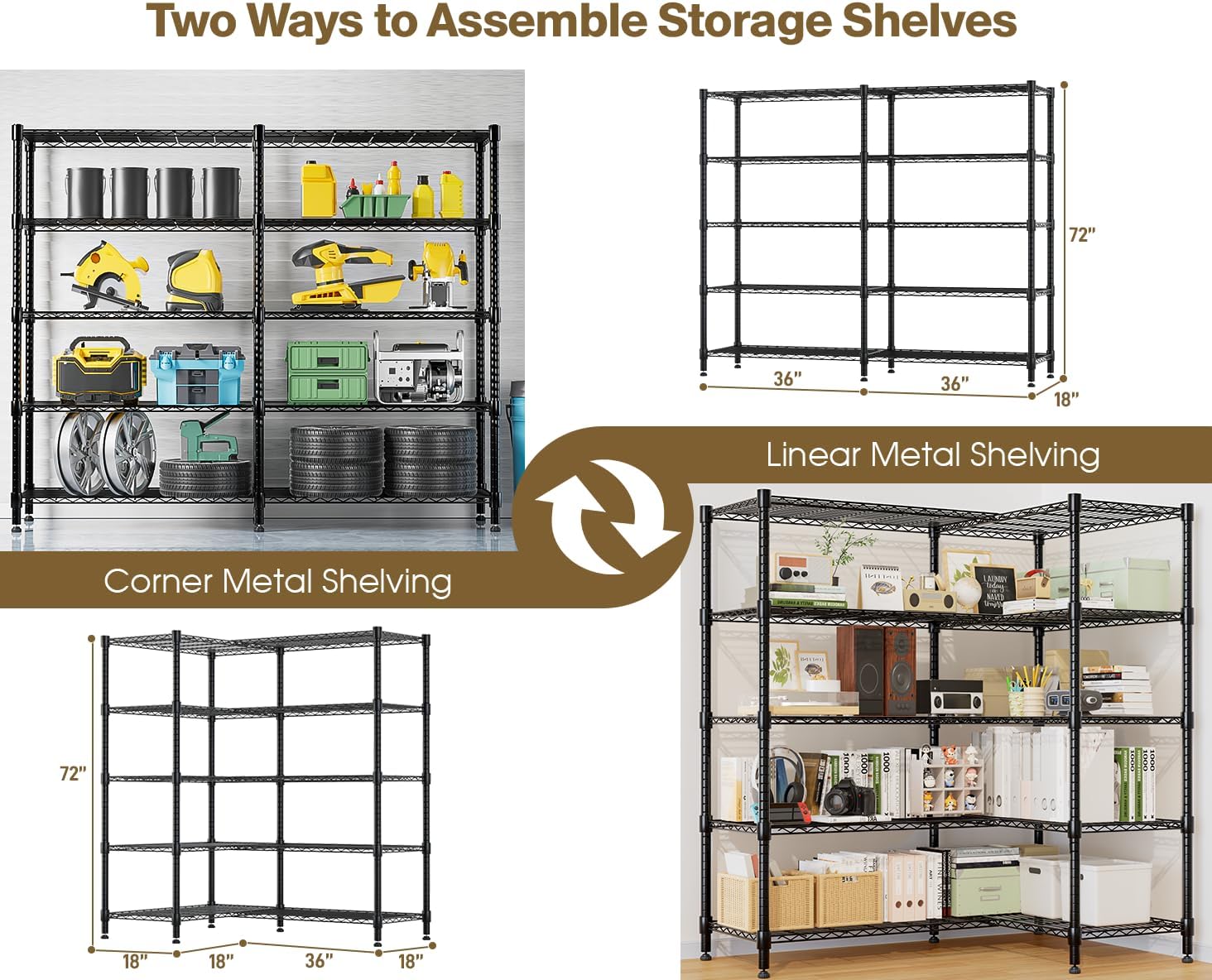 Himimi 72" W Wire Rack Shelving-2000LBS Capacity, Adjustable Storage Shelves Metal Shelves for Storage, 5-Tier Wire Organizer for Kitchen, Garage, Pantry, 72" W x 18" D x 72" H, Black