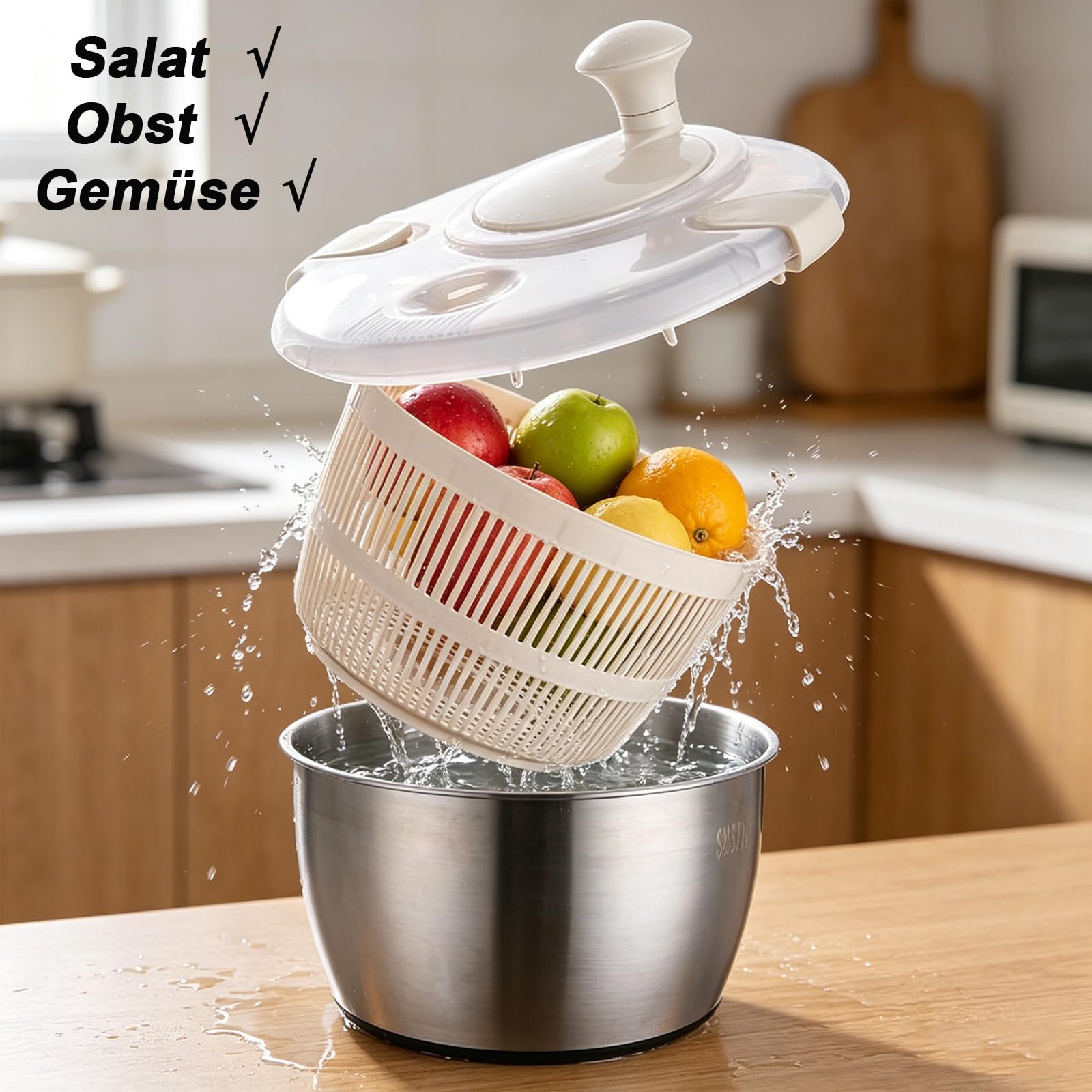 W&H Salatschleuder Edelstahl 5L,Salad Spinner mit Siebkorb und Drehdeckel,Spülmaschinengeeignet,BPA -frei Salatschleudern für Obst Gemüse Salat Zubereitung，Küchenhelfer Salatschleudern für Haushalt