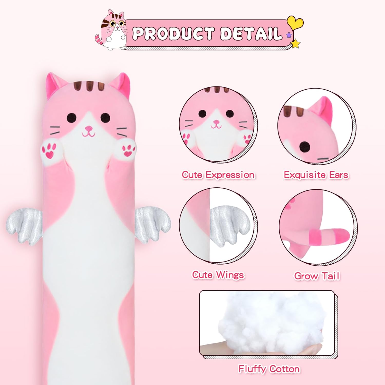 Long Cat Body Pillow for Kids, Cute Cat Stuffed Animals Gifts for Girls, Long Cat Plush Toy for Birthday, Soft Cat Plushies Pillow (Pink, 43.3in/110cm) - Image 4