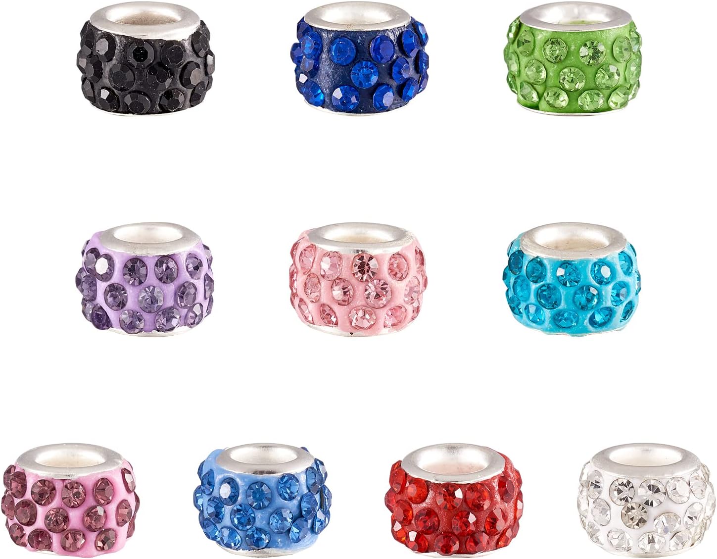 Craftdady 100pcs Polymer Clay Large Hole European Spacer Beads with Rhinestone 11-12x7-7.5mm 10 Colors Rondelle Beads with Metal Core for Snake Chain Bracelet Jewelry Making Hole: 5mm