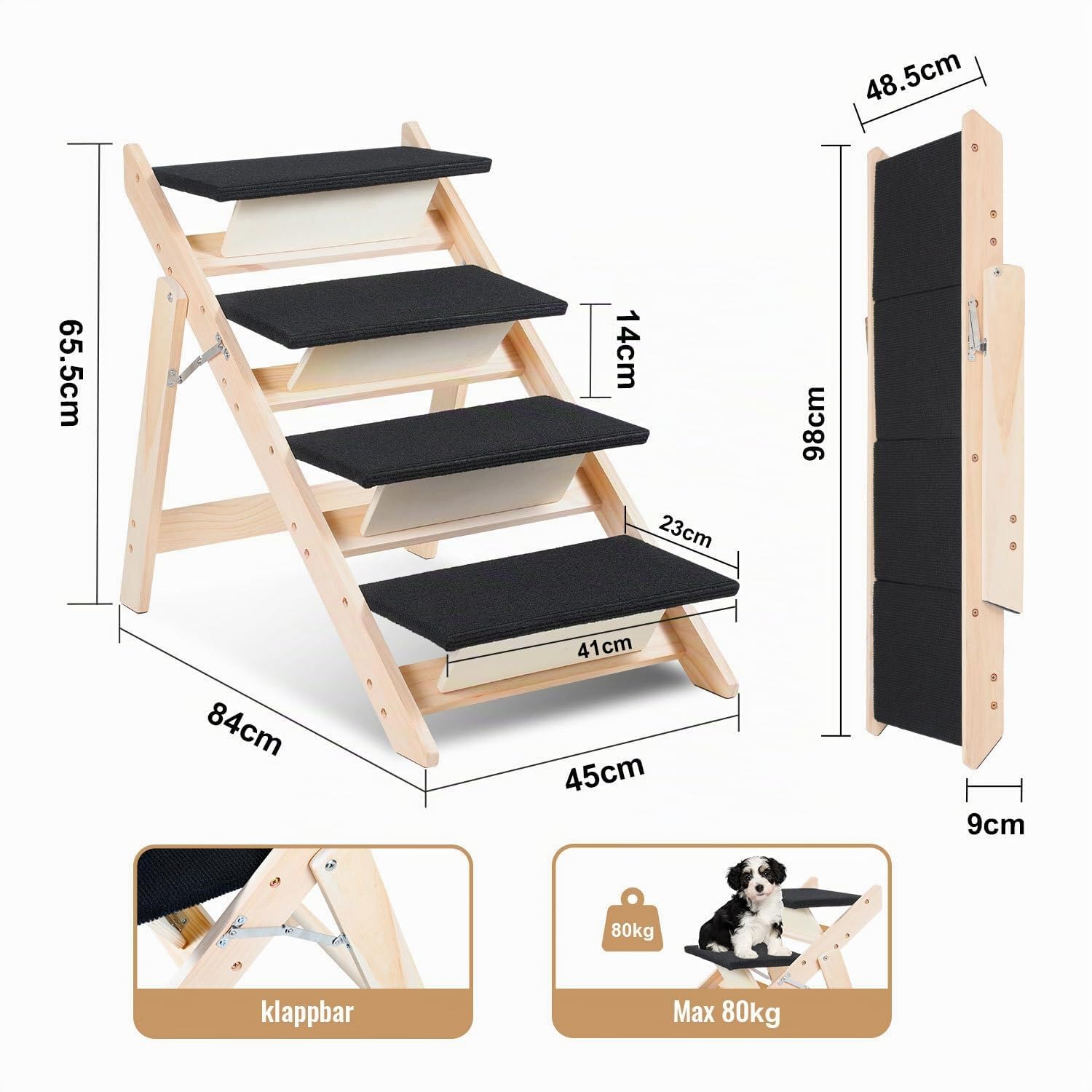 Haustierrampe 2-in-1 aus Holz Klappbare Hundetreppe 4 Stufen 65cm | Hunderampe Bett Höhenverstellbar Und Rutschfest,Sicherer Aufstieg für Hunde an Sofa Und Auto,Ausgeklappt 98cm
