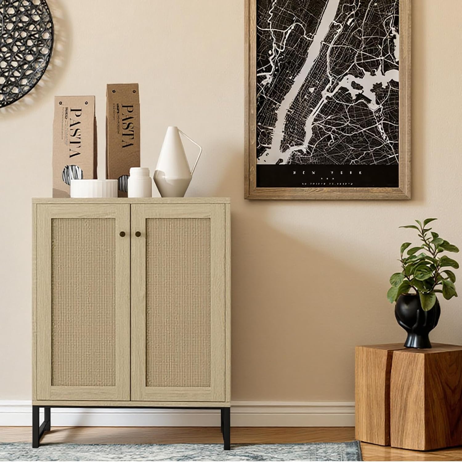 Panana Rattan Decorated 2 Doors Storage Cabinet Accent Cabinet Living Room Cupboard Kitchen Sideboard Buffet Table (Natural)
