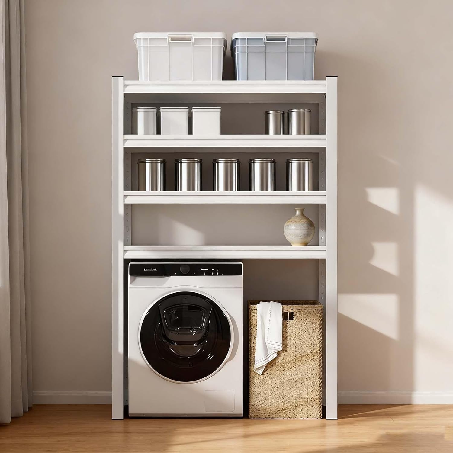 Heavy-Duty Metal Storage Shelves - Adjustable Kitchen & Laundry Rack, Tool-Free Design for Pantry Organization Over Washer/Dryer, Space-Saving Solution (L90W40_183CM)