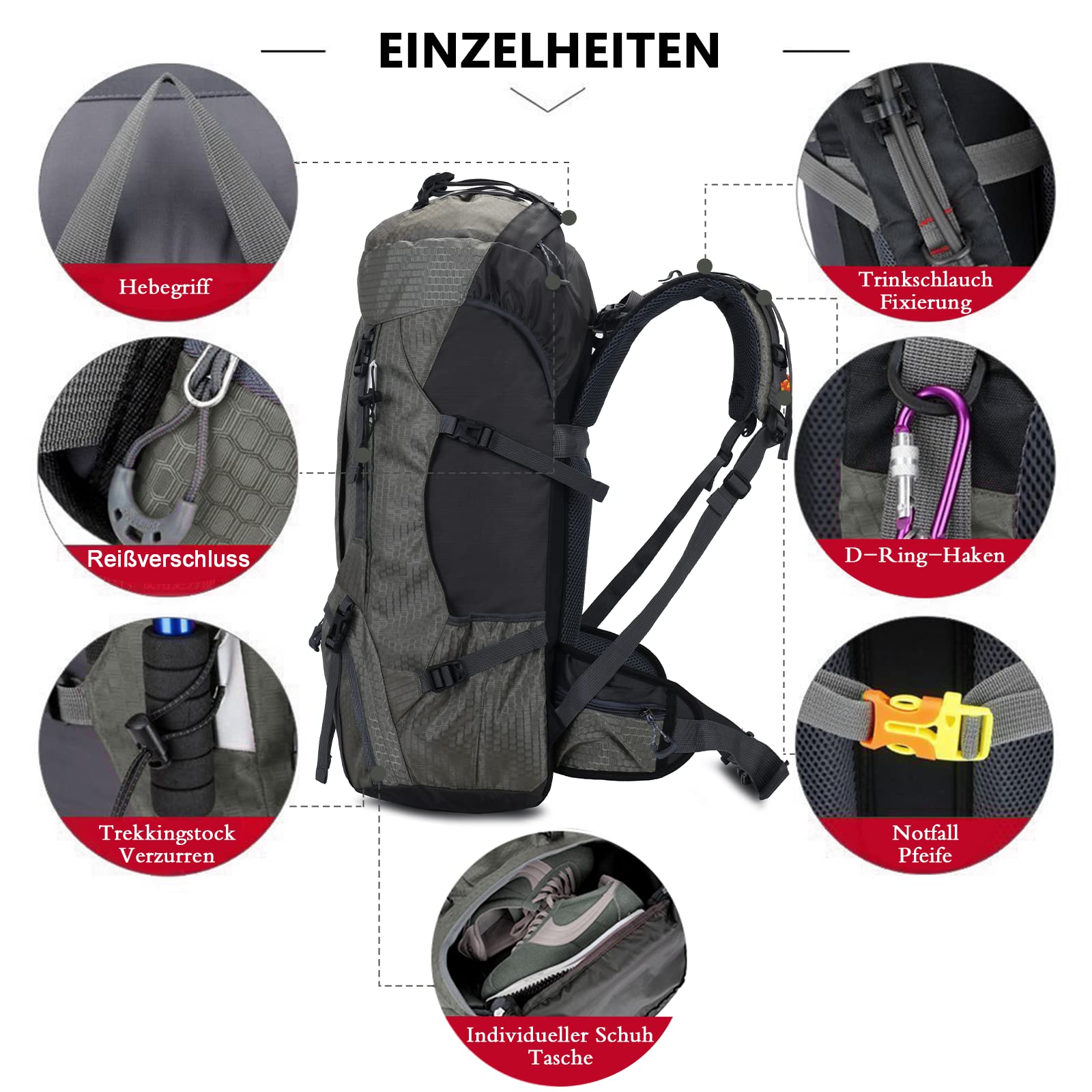 Zaino impermeabile da 60 l, ultraleggero, pieghevole, da viaggio, con protezione antipioggia, grigio., 68