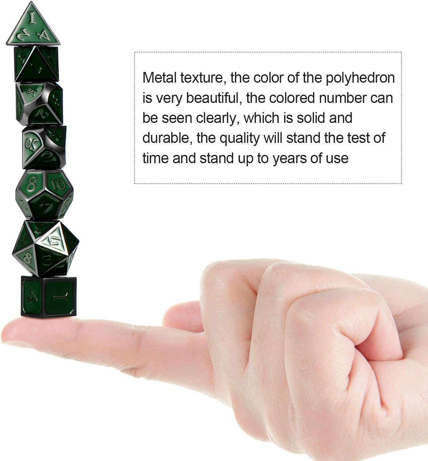 HESTYA 7 Pieces Metal Dices Set DND Game Polyhedral Solid Metal D&D Dice Set with Storage Bag and Zinc Alloy with Enamel for Role Playing Game Dungeons and Dragons, Math Teaching (Black Edge Green)