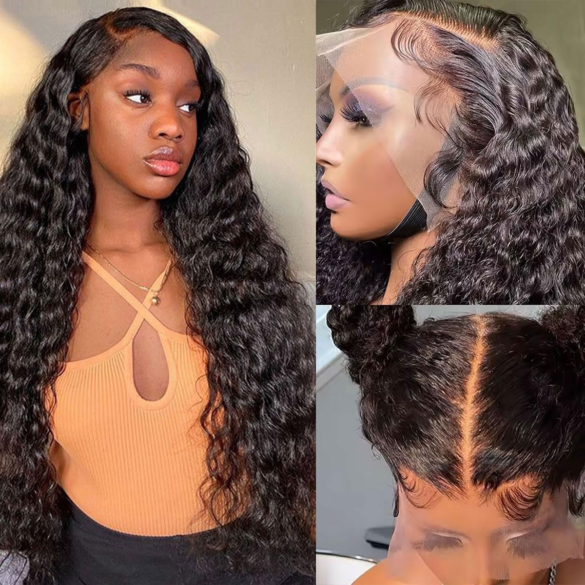 Deep Wave Lace Front Wigs Human Hair 13x6 HD Transparent Lace Frontal Wigs Human Hair Pre Plucked Baby Hair Brazilian Deep Curly Wig 200 Density Glueless Frontal Wigs for Black Women 24 Inch