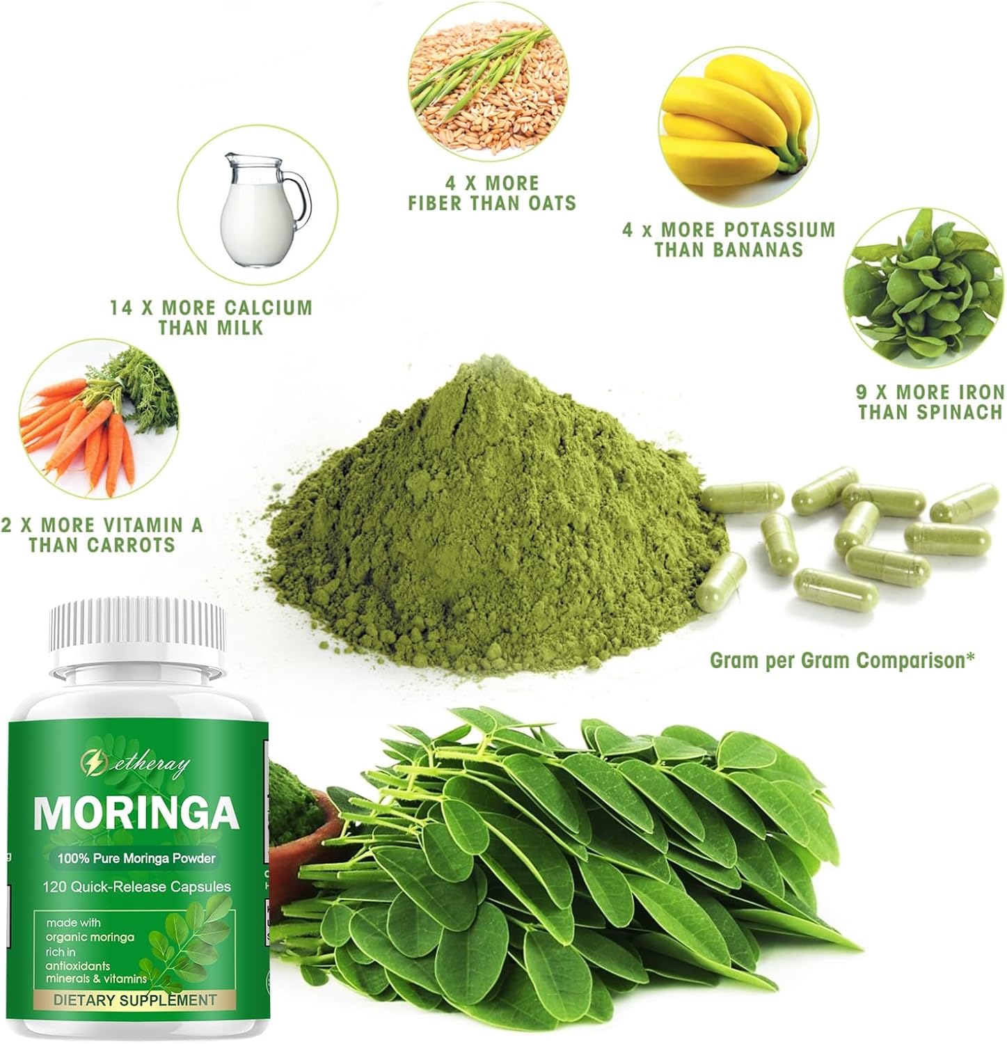 Moringa Capsules, Pure Moringa Powder 800mg per Serving - 120 Capsules - Natural & Vegan Supplement