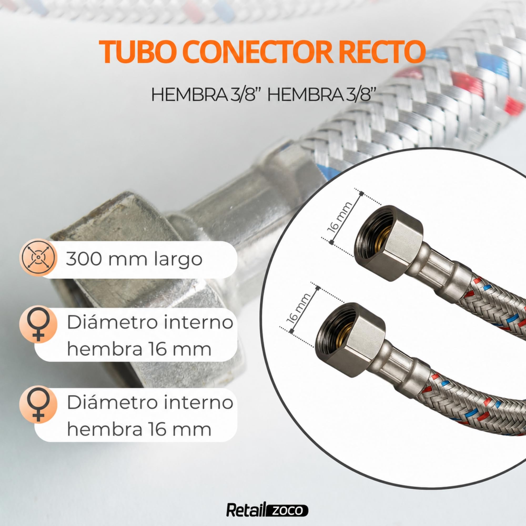 Latiguillo de Fontanería Hembra 3/8” x Hembra 3/8”, Longitud 30 cm - imagen 2
