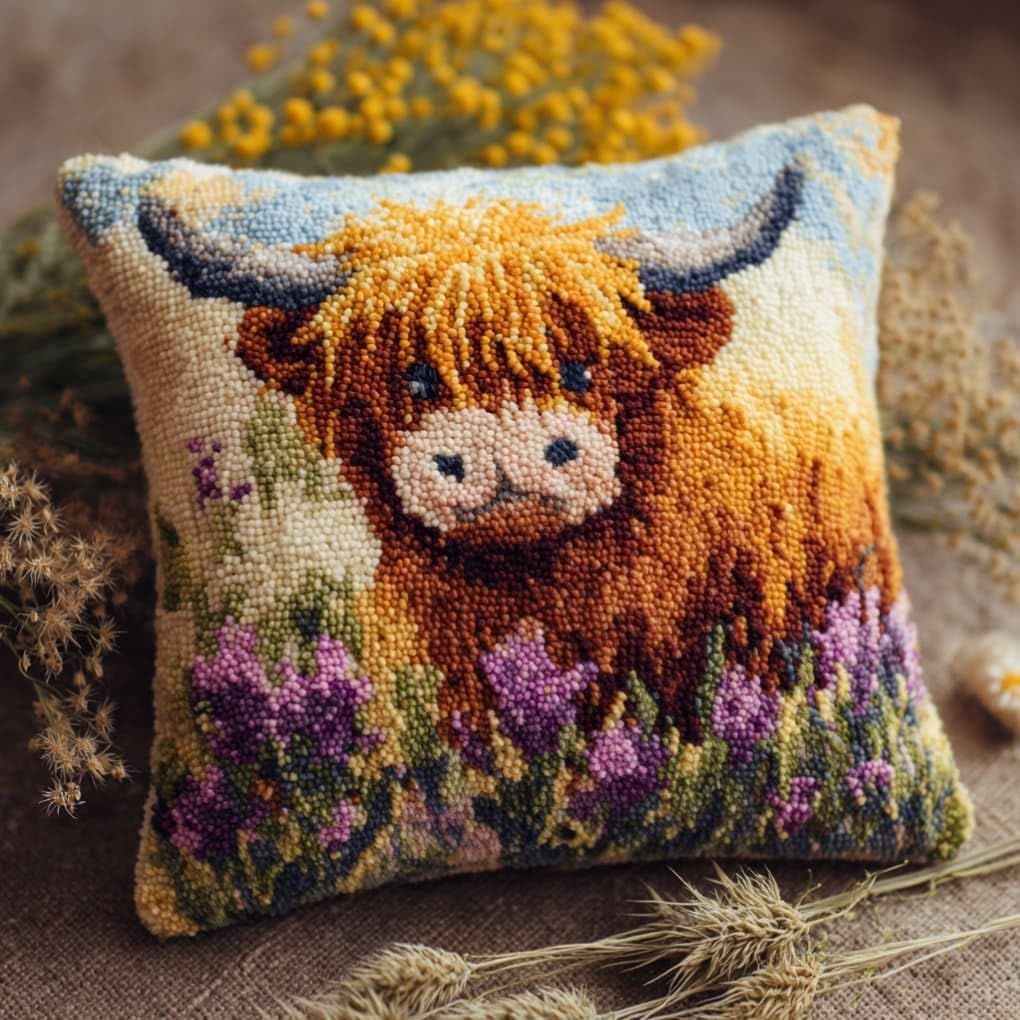 Taxpy Latch Hook Cushion Kits Highland Cattle Pillowcase Kits Embroidery Kit 17X17 Inch DIY Needlework Pillow Cover Sofa Cushion Rug Making